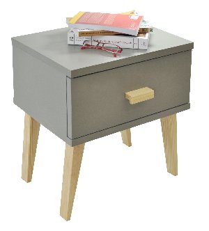 Solid pine wood bedside table grey large drawer Scandinavian style offer BedRoom